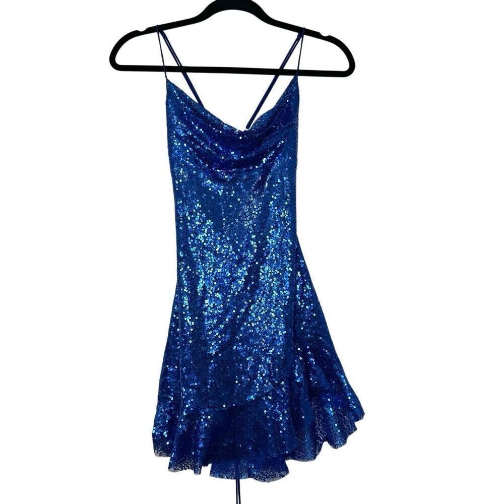 Lucy In The Sky Sequined Cowl Neck Lace Up Back Ruffle Hem Mini Dress Blue XS